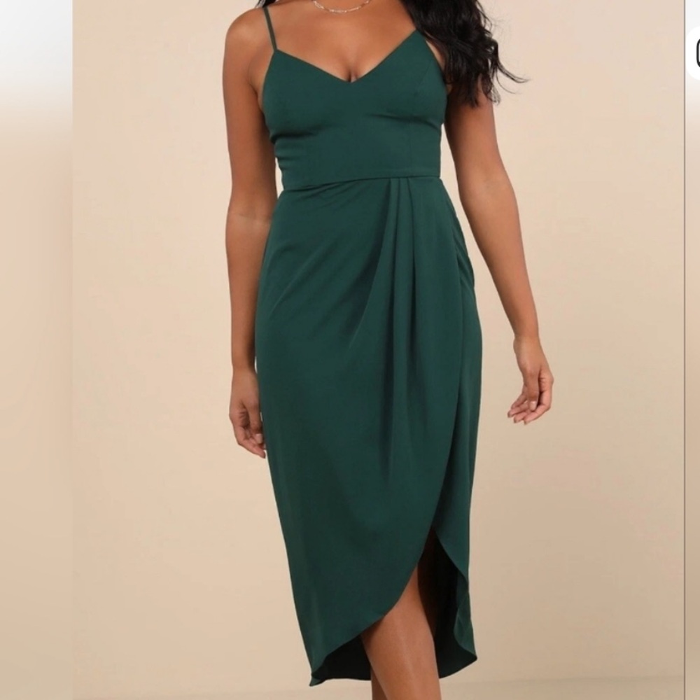 Lulus Reinette Feminine Midi Dress Size M Emerald Green Wedding Guest Cocktails